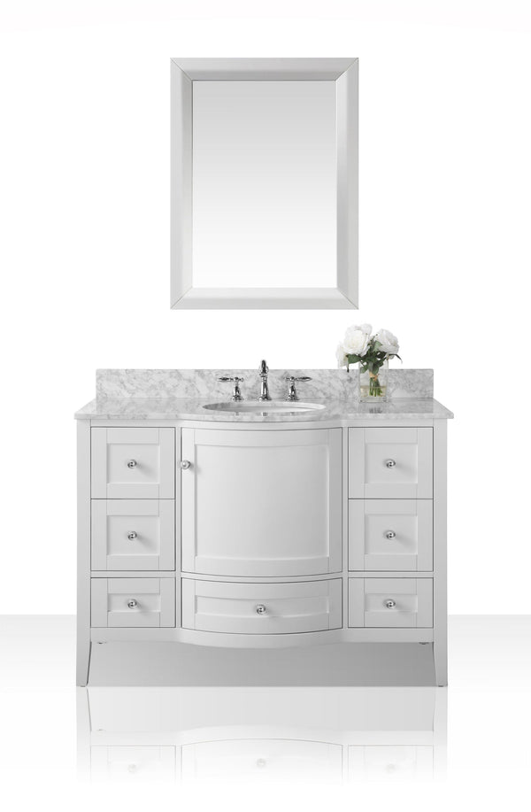 Lauren 48 in. Carrara Marble countertop Bath Vanity Set in White with 28 in. Mirror with Brushed Nickel Hardware