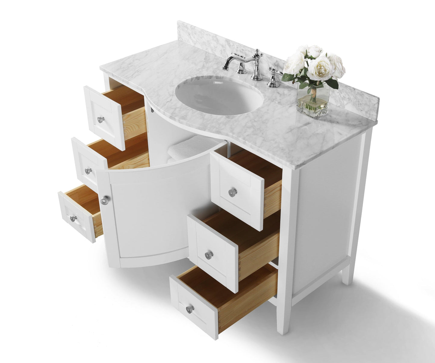 Lauren 48 in. Carrara Marble countertop Bath Vanity Set in White with 28 in. Mirror with Brushed Nickel Hardware