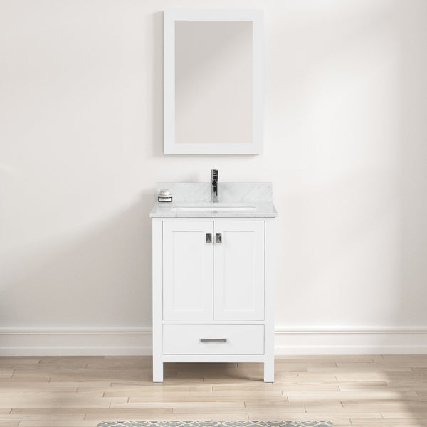 Geneva 24 Freestanding Bathroom Vanity With Carrara Marble Countertop & Undermount Ceramic Sink - Matte White