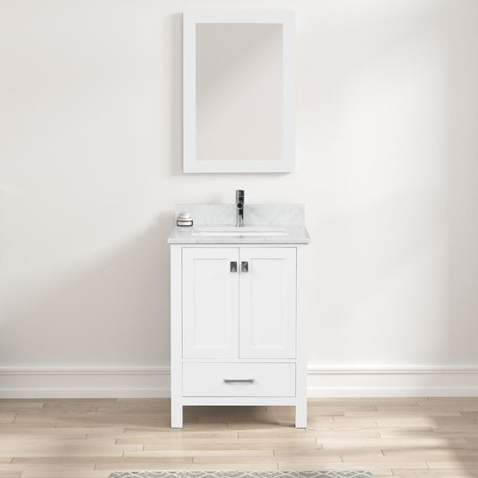 Geneva 24" Freestanding Bathroom Vanity With Carrara Marble Countertop, Undermount Ceramic Sink & Mirror - Matte White
