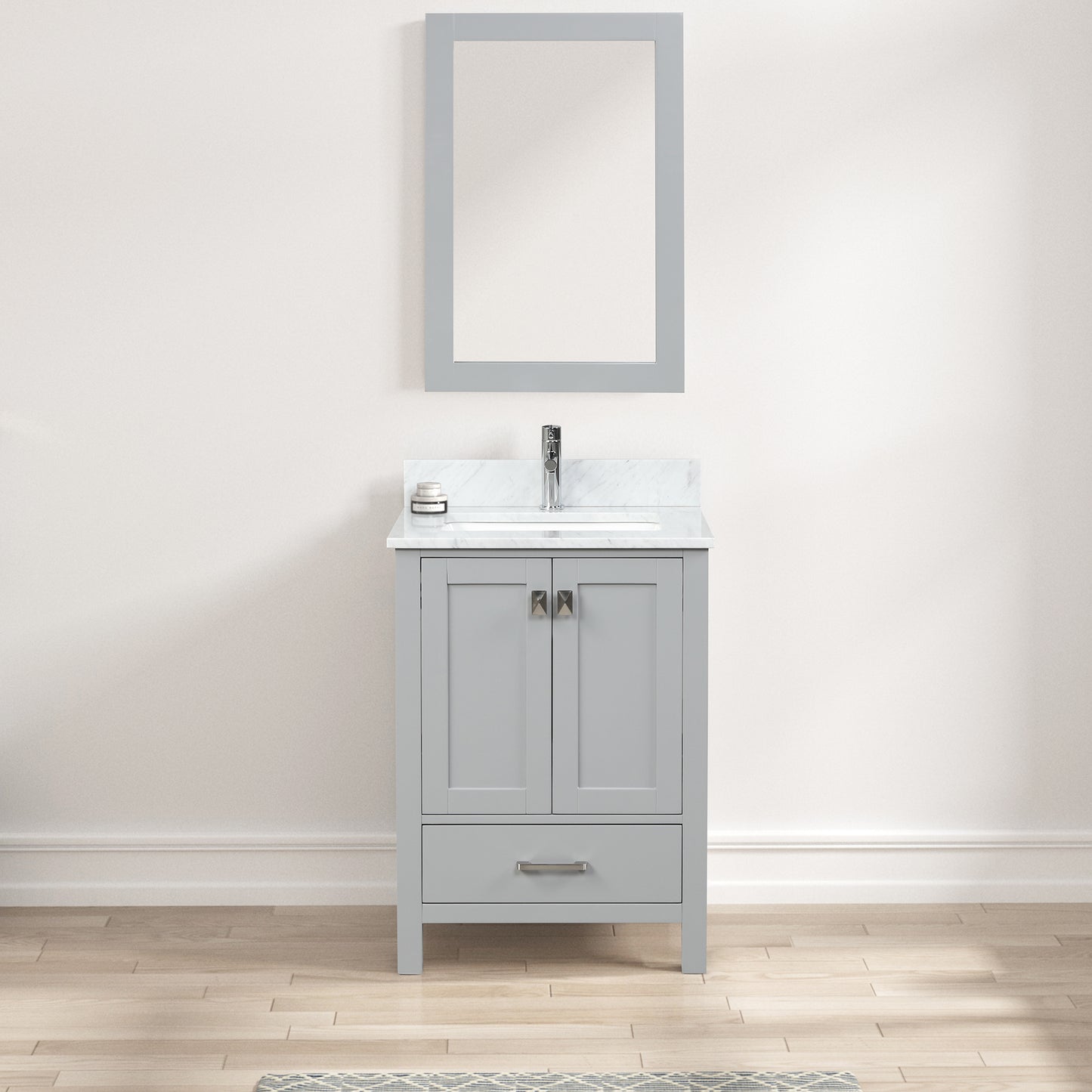 Geneva 24" Freestanding Bathroom Vanity With Carrara Marble Countertop, Undermount Ceramic Sink & Mirror - Metal Grey