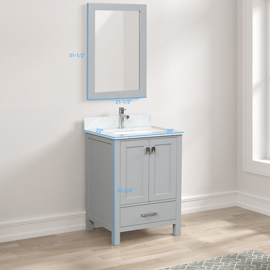 Geneva 24" Freestanding Bathroom Vanity With Carrara Marble Countertop, Undermount Ceramic Sink & Mirror - Metal Grey