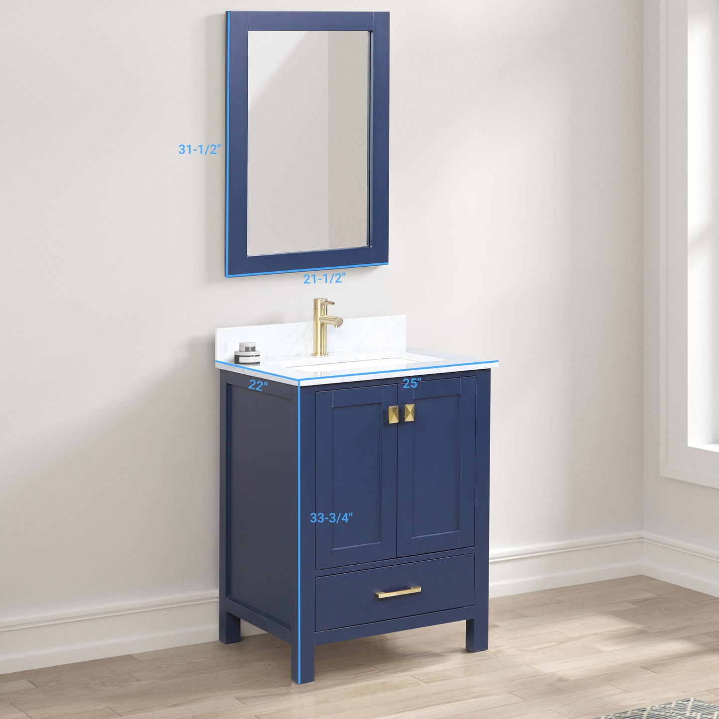 Geneva 24" Freestanding Bathroom Vanity With Carrara Marble Countertop, Undermount Ceramic Sink & Mirror - Navy Blue