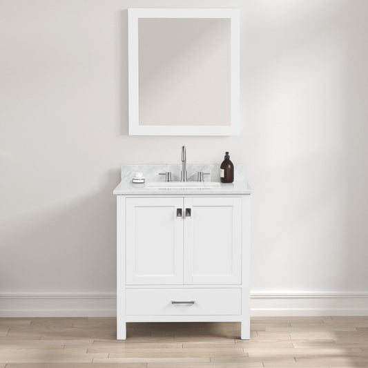 Geneva 30" Freestanding Bathroom Vanity With Carrara Marble Countertop  & Undermount Ceramic Sink - Matte White