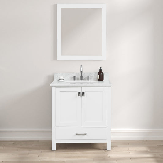 Geneva 30" Freestanding Bathroom Vanity With Carrara Marble Countertop, Undermount Ceramic Sink & Mirror - Matte White