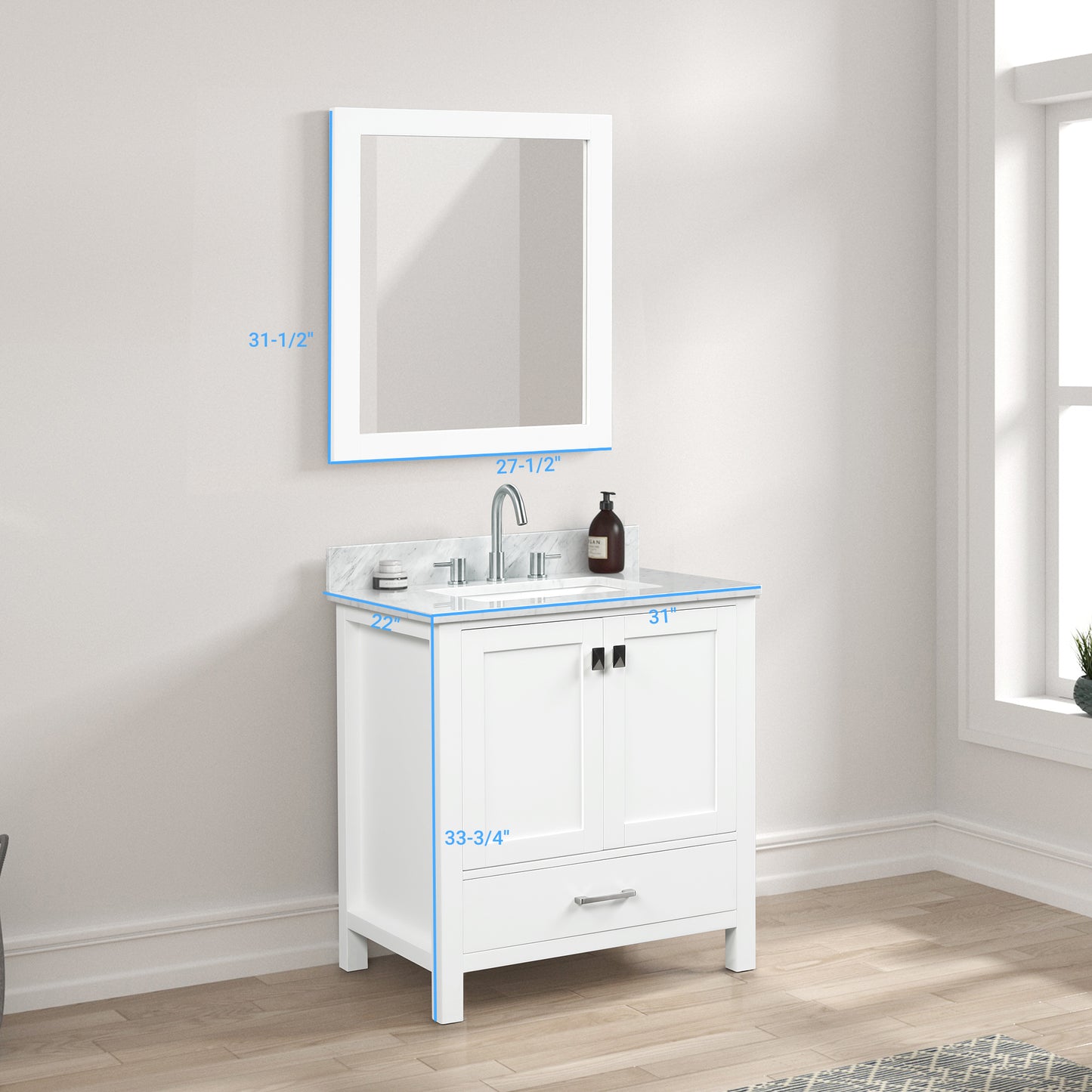 Geneva 30" Freestanding Bathroom Vanity With Carrara Marble Countertop, Undermount Ceramic Sink & Mirror - Matte White