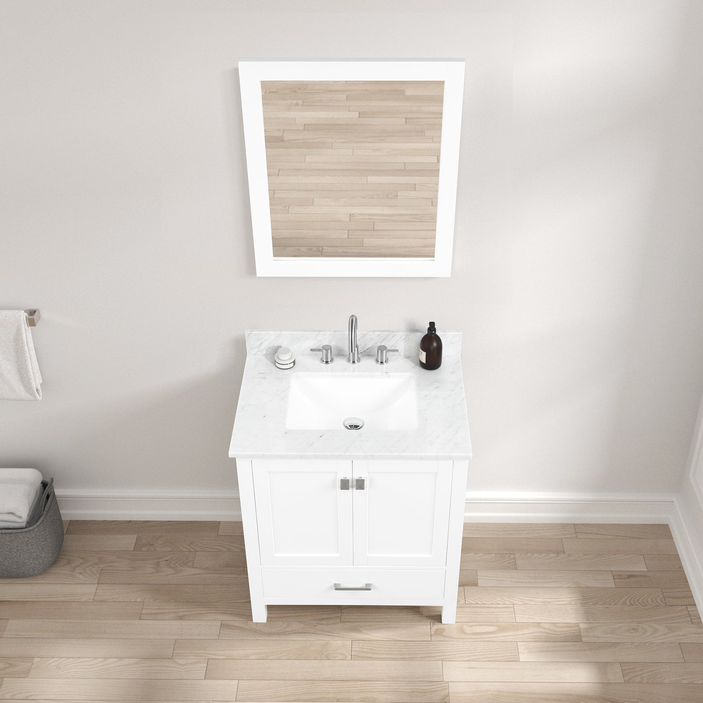 Geneva 30" Freestanding Bathroom Vanity With Carrara Marble Countertop, Undermount Ceramic Sink & Mirror - Matte White