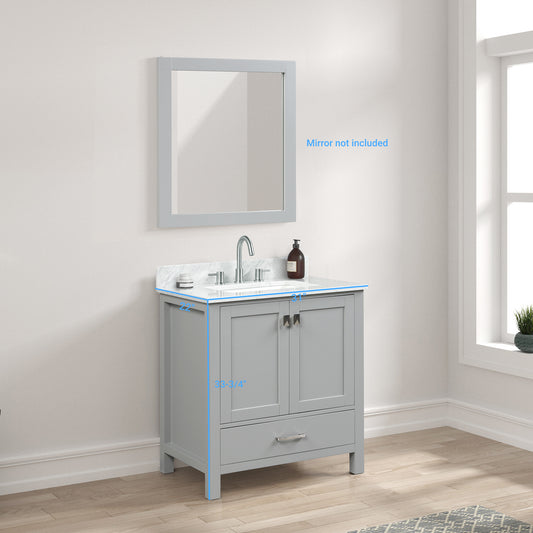 Geneva 30" Freestanding Bathroom Vanity With Carrara Marble Countertop & Undermount Ceramic Sink - Metal Grey