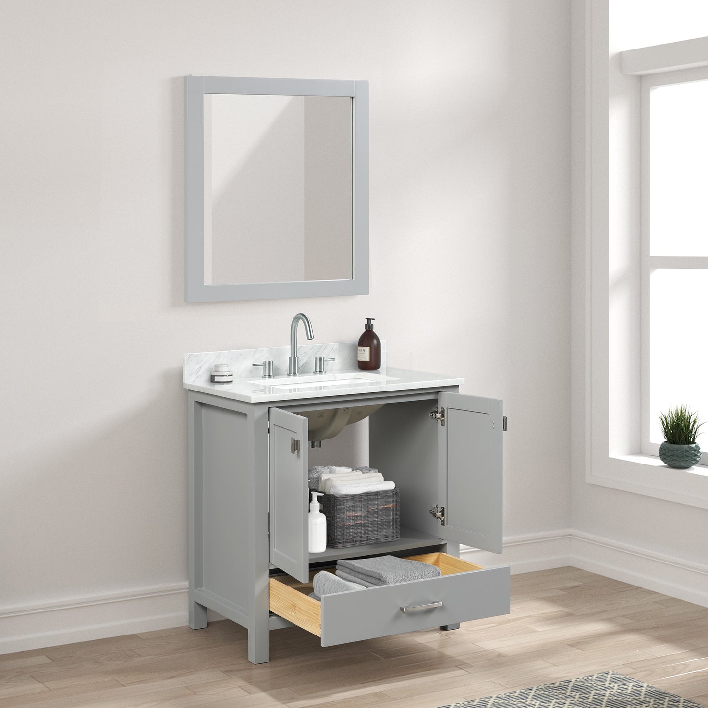 Geneva 30" Freestanding Bathroom Vanity With Carrara Marble Countertop & Undermount Ceramic Sink - Metal Grey