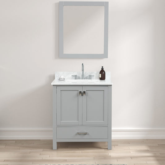 Geneva 30" Freestanding Bathroom Vanity With Carrara Marble Countertop, Undermount Ceramic Sink & Mirror - Metal Grey