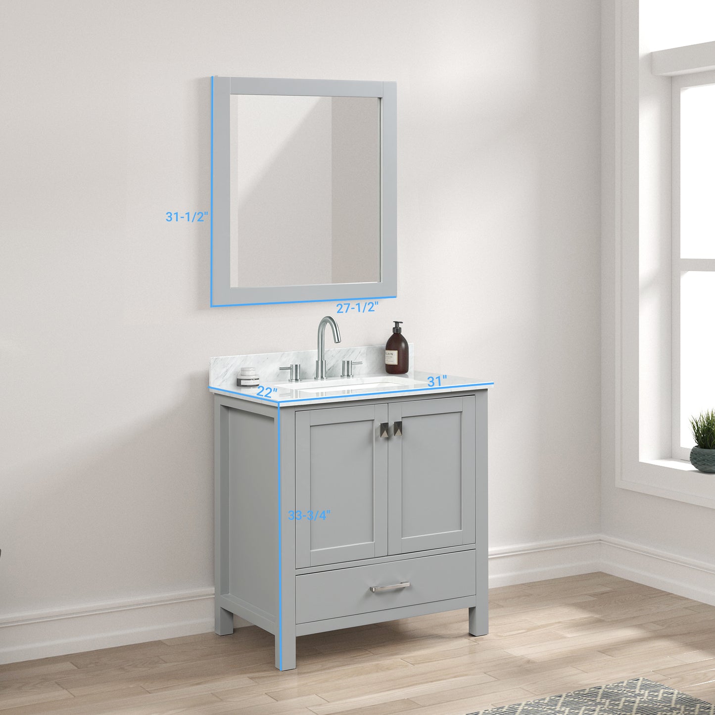 Geneva 30" Freestanding Bathroom Vanity With Carrara Marble Countertop, Undermount Ceramic Sink & Mirror - Metal Grey