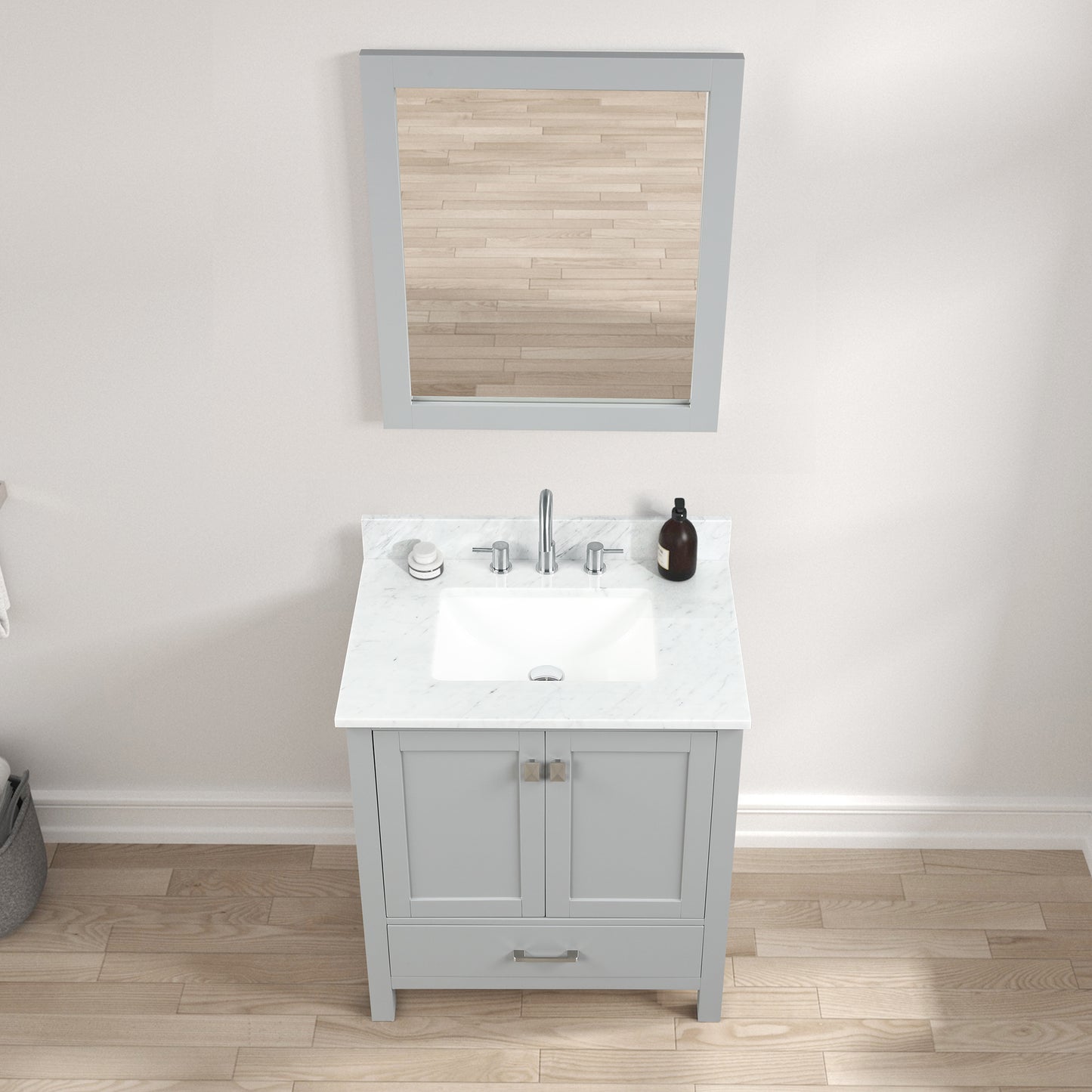 Geneva 30" Freestanding Bathroom Vanity With Carrara Marble Countertop, Undermount Ceramic Sink & Mirror - Metal Grey