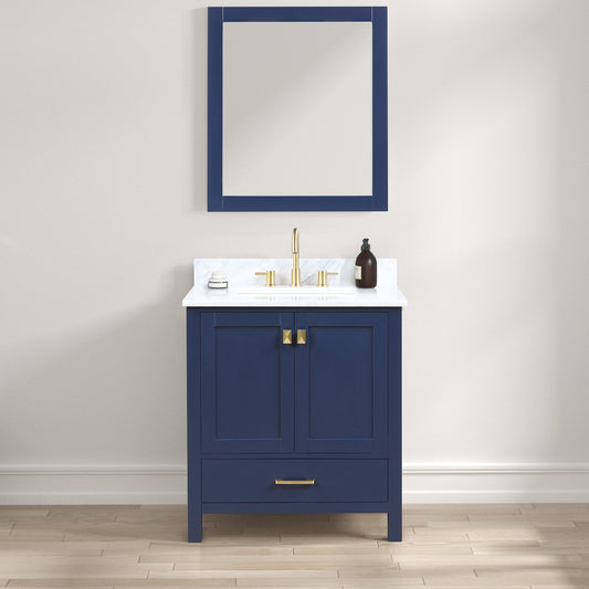 Geneva 30" Freestanding Bathroom Vanity With Carrara Marble Countertop, Undermount Ceramic Sink & Mirror - Navy Blue