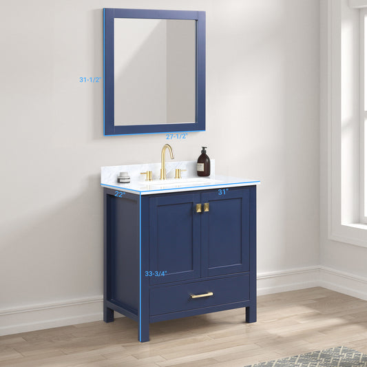 Geneva 30" Freestanding Bathroom Vanity With Carrara Marble Countertop, Undermount Ceramic Sink & Mirror - Navy Blue