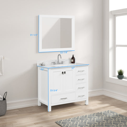 Geneva 36" Freestanding Bathroom Vanity With Carrara Marble Countertop, Undermount Ceramic Sink & Mirror - Matte White