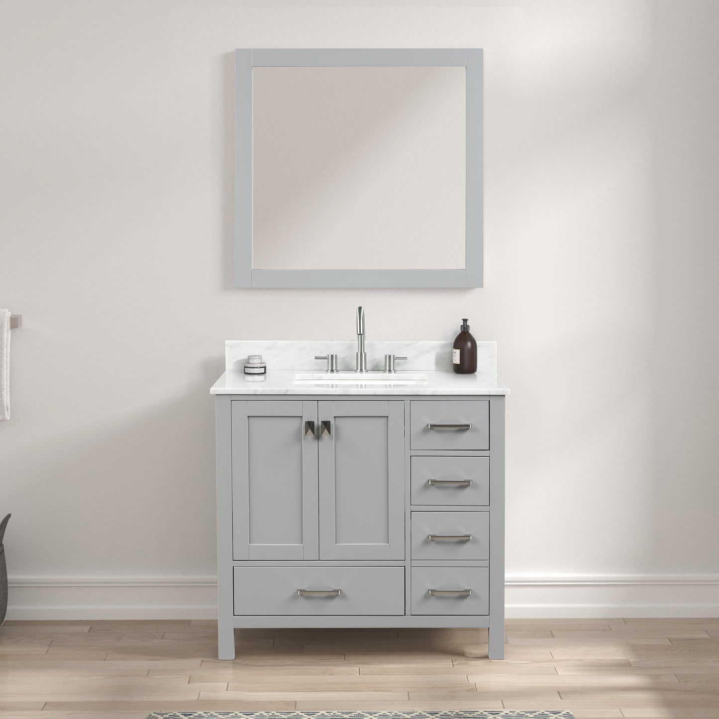 Geneva 36" Freestanding Bathroom Vanity With Carrara Marble Countertop & Undermount Ceramic Sink - Metal Grey