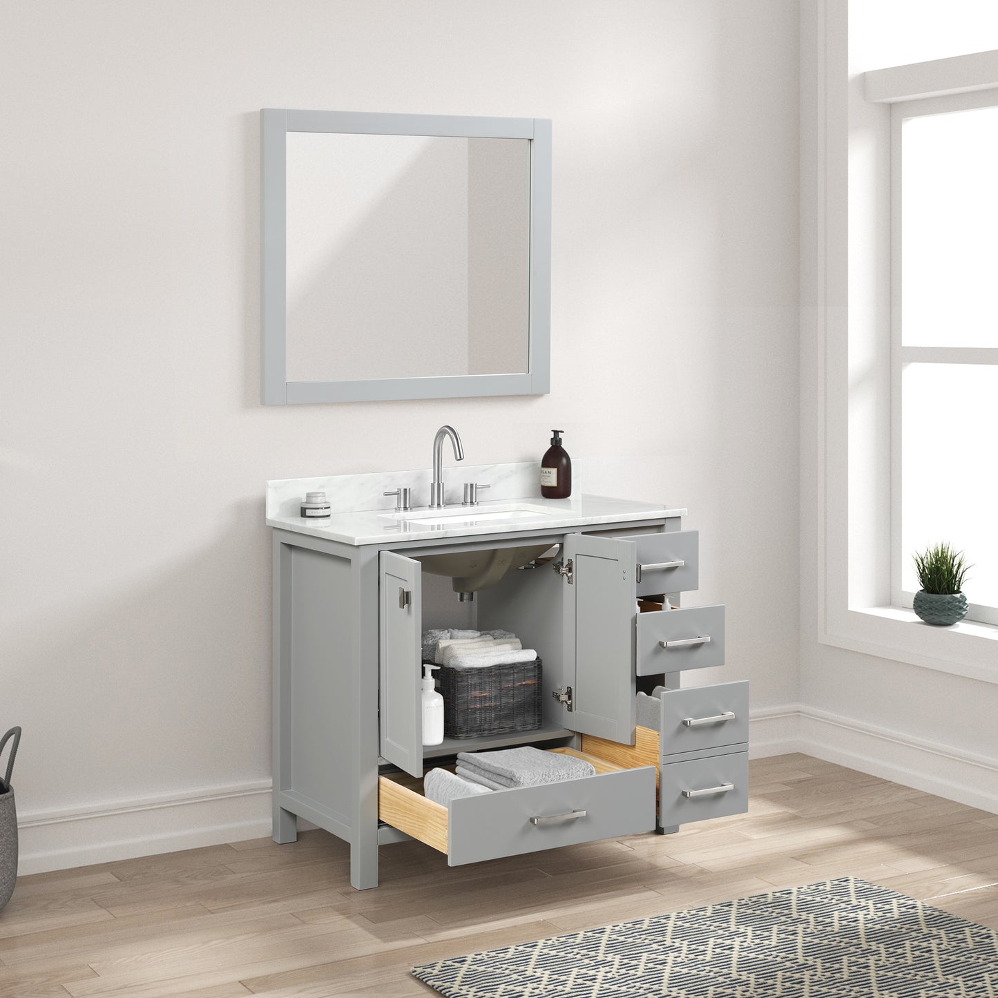 Geneva 36" Freestanding Bathroom Vanity With Carrara Marble Countertop & Undermount Ceramic Sink - Metal Grey
