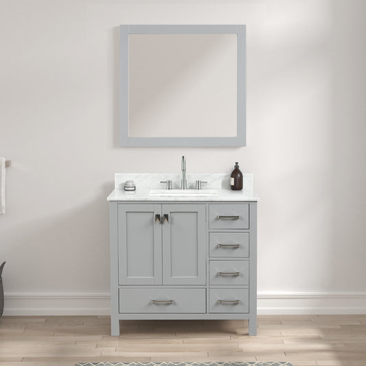 Geneva 36" Freestanding Bathroom Vanity With Carrara Marble Countertop, Undermount Ceramic Sink & Mirror - Metal Grey