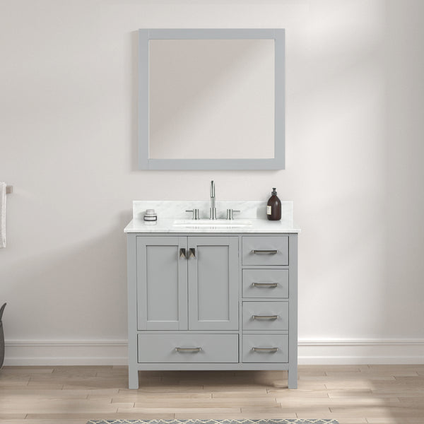 Geneva 36 Freestanding Bathroom Vanity With Carrara Marble Countertop, Undermount Ceramic Sink & Mirror - Metal Grey