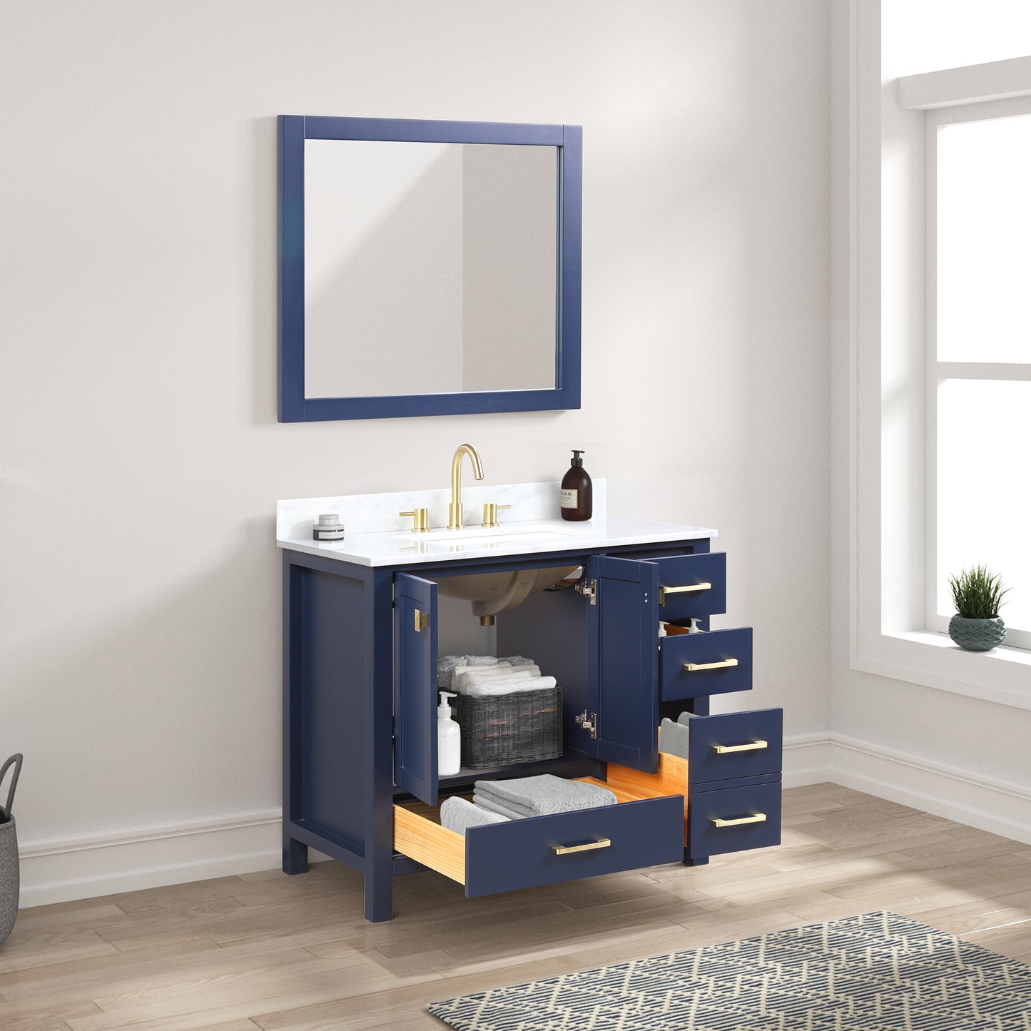 Geneva 36" Freestanding Bathroom Vanity With Carrara Marble Countertop & Undermount Ceramic Sink - Navy Blue