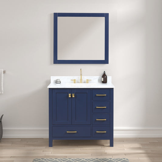 Geneva 36" Freestanding Bathroom Vanity With Carrara Marble Countertop, Undermount Ceramic Sink & Mirror - Navy Blue