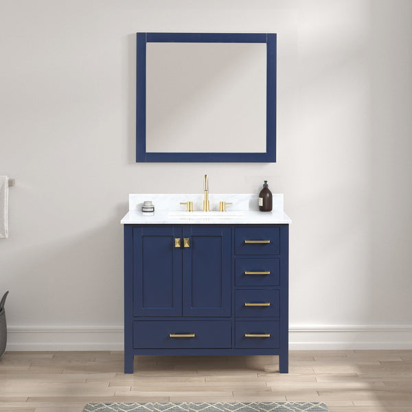 Geneva 36 Freestanding Bathroom Vanity With Carrara Marble Countertop, Undermount Ceramic Sink & Mirror - Navy Blue