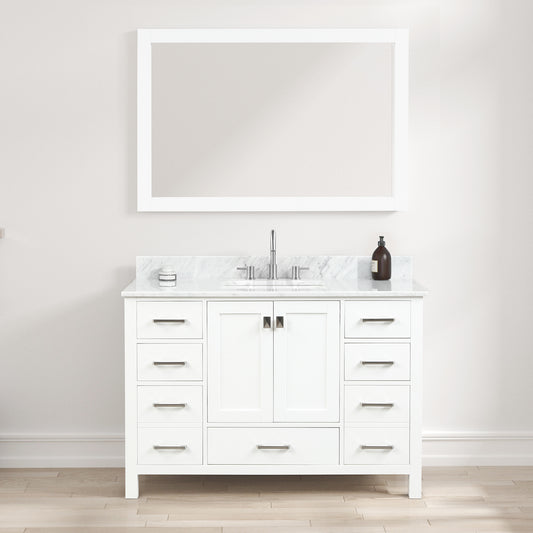 Geneva 48" Freestanding Bathroom Vanity With Carrara Marble Countertop, Undermount Ceramic Sink & Mirror - Matte White