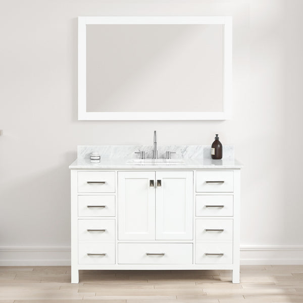 Geneva 48 Freestanding Bathroom Vanity With Carrara Marble Countertop, Undermount Ceramic Sink & Mirror - Matte White