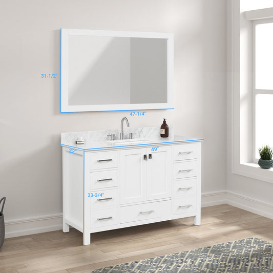 Geneva 48" Freestanding Bathroom Vanity With Carrara Marble Countertop, Undermount Ceramic Sink & Mirror - Matte White