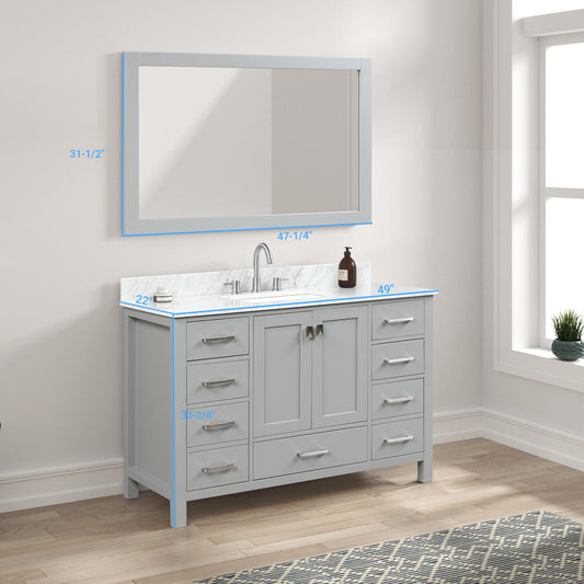 Geneva 48" Freestanding Bathroom Vanity With Carrara Marble Countertop, Undermount Ceramic Sink & Mirror - Metal Grey