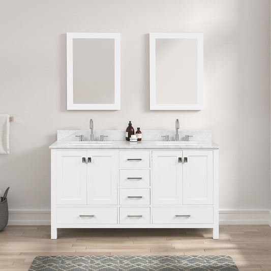 Geneva 60" Freestanding Bathroom Vanity With Carrara Marble Countertop & Undermount Ceramic Sink - Matte White