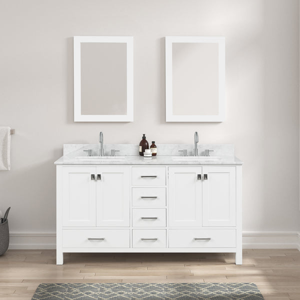 Geneva 60 Freestanding Bathroom Vanity With Carrara Marble Countertop & Undermount Ceramic Sink - Matte White