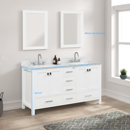 Geneva 60" Freestanding Bathroom Vanity With Carrara Marble Countertop & Undermount Ceramic Sink - Matte White