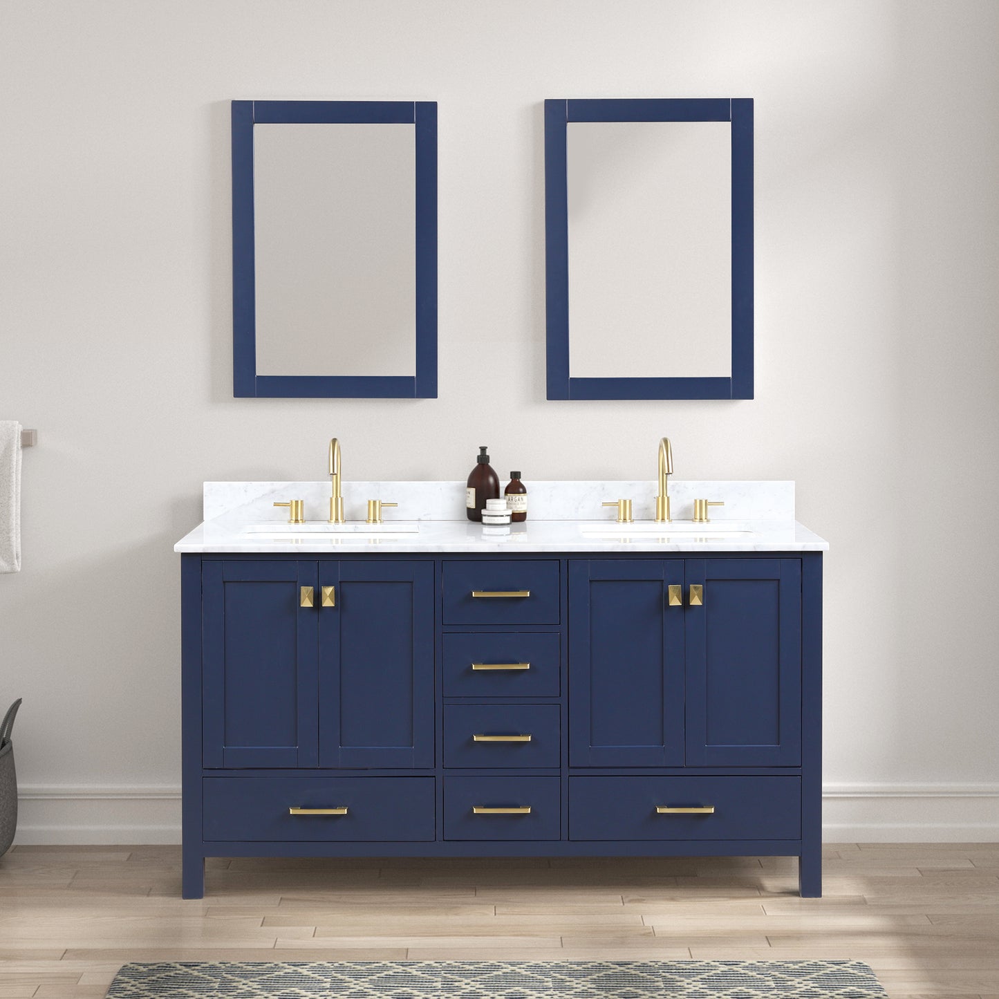 Geneva 60" Freestanding Bathroom Vanity With Carrara Marble Countertop & Undermount Ceramic Sink - Navy Blue