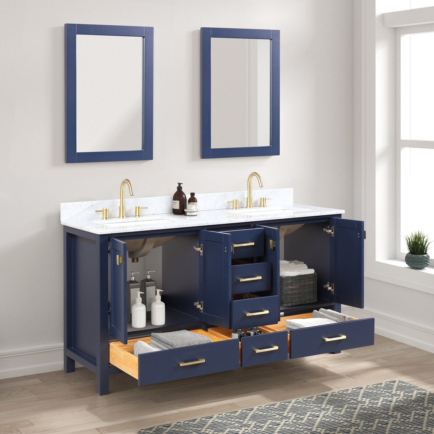 Geneva 60" Freestanding Bathroom Vanity With Carrara Marble Countertop & Undermount Ceramic Sink - Navy Blue