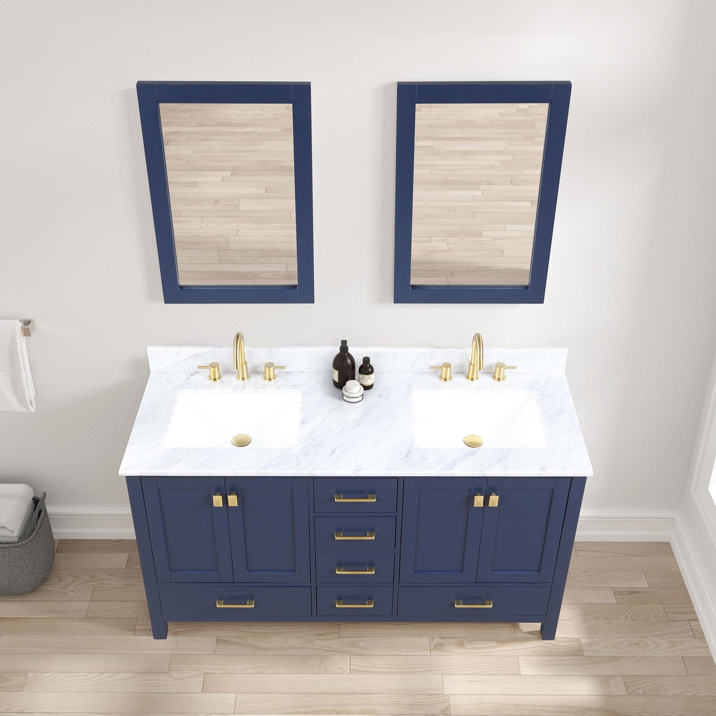 Geneva 60" Freestanding Bathroom Vanity With Carrara Marble Countertop & Undermount Ceramic Sink - Navy Blue