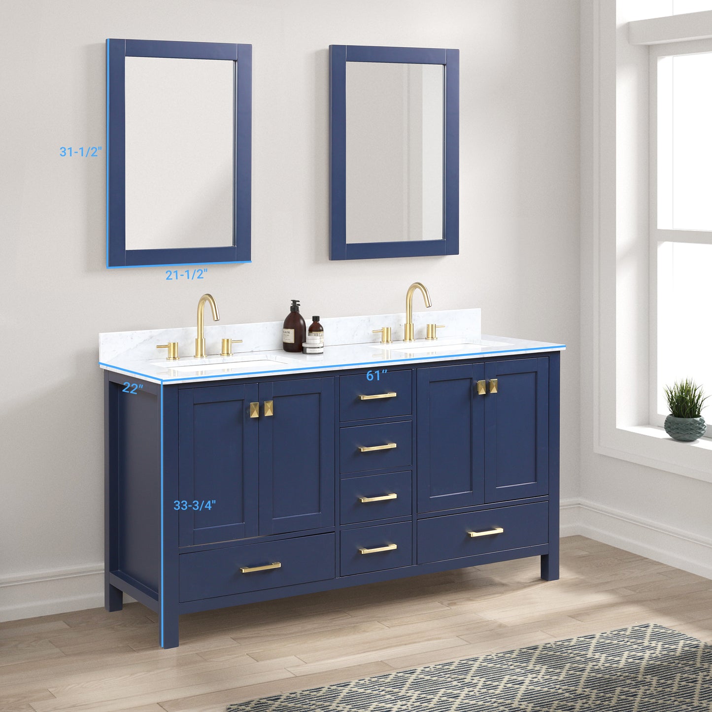 Geneva 60" Freestanding Bathroom Vanity With Carrara Marble Countertop, Undermount Ceramic Sink & Mirror - Navy Blue