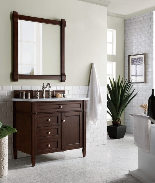 Brittany 36" Single Vanity, Burnished Mahogany w/ 3 CM Carrara Marble Top