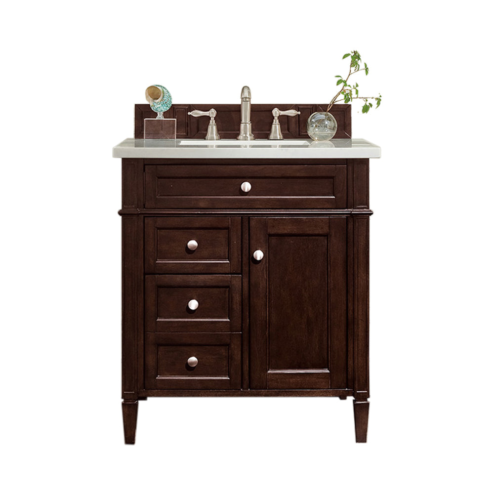 Brittany 30" Single Vanity, Burnished Mahogany w/ 3 CM Carrara Marble Top