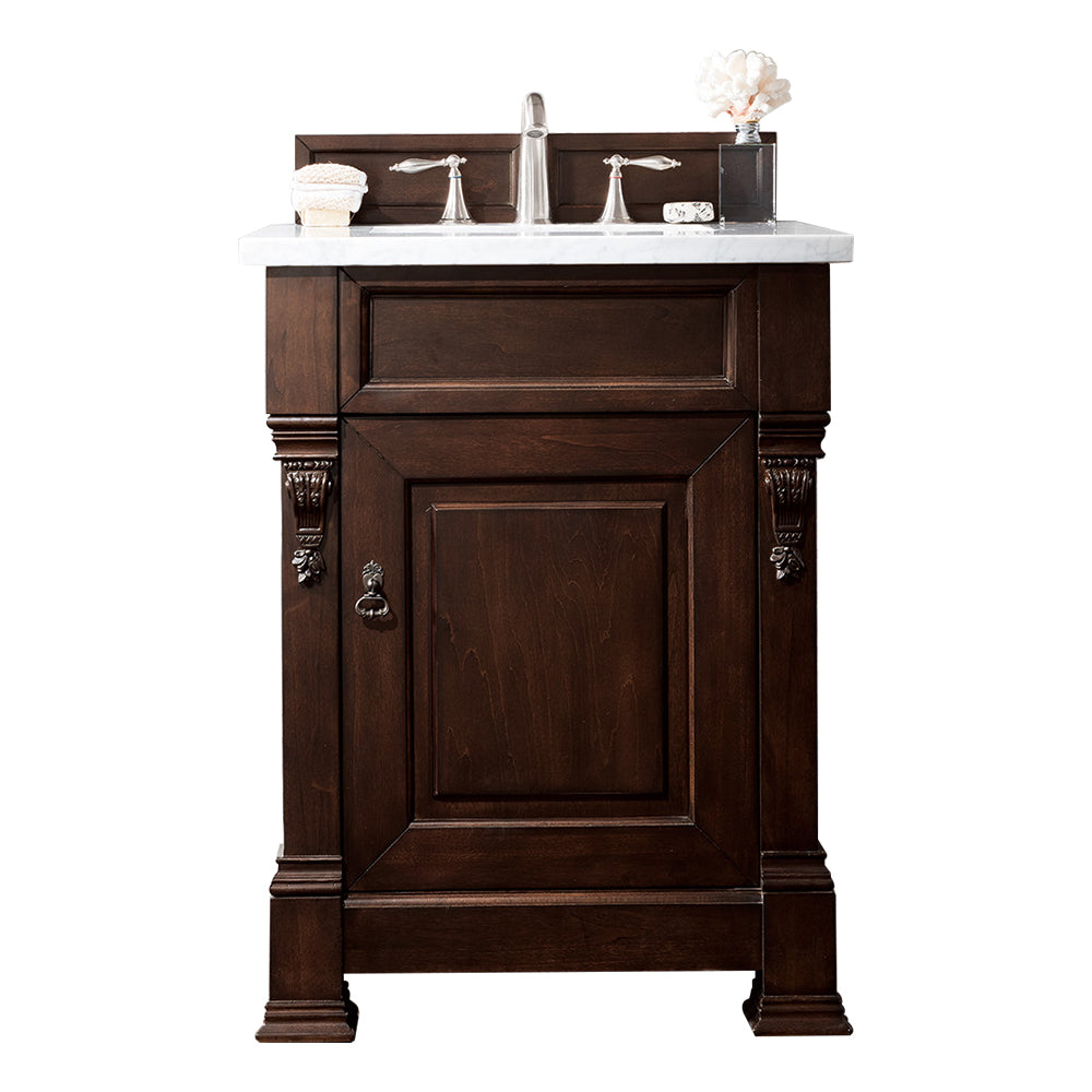 Brookfield 26" Single Vanity, Burnished Mahogany w/ 3 CM Arctic Fall Solid Surface Top