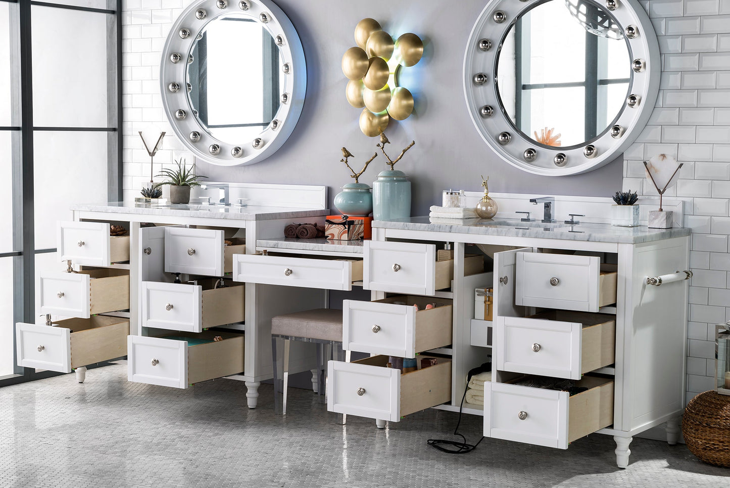 Copper Cove Encore 122" Double Vanity Set, Bright White w/ 3 CM Carrara Marble Top