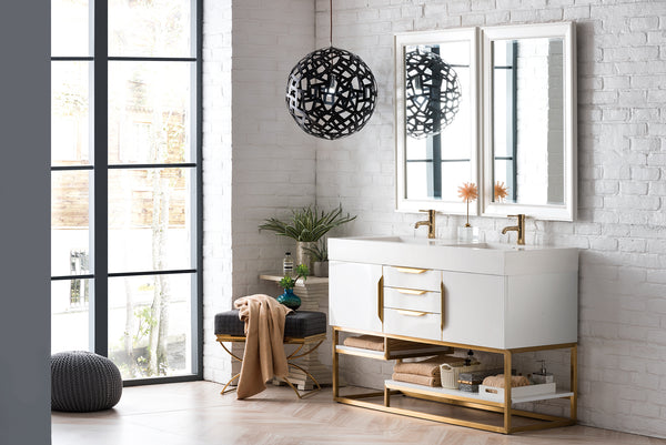 Columbia 59 Double Vanity, Glossy White, Radiant Gold w/ Glossy White Composite Stone Top