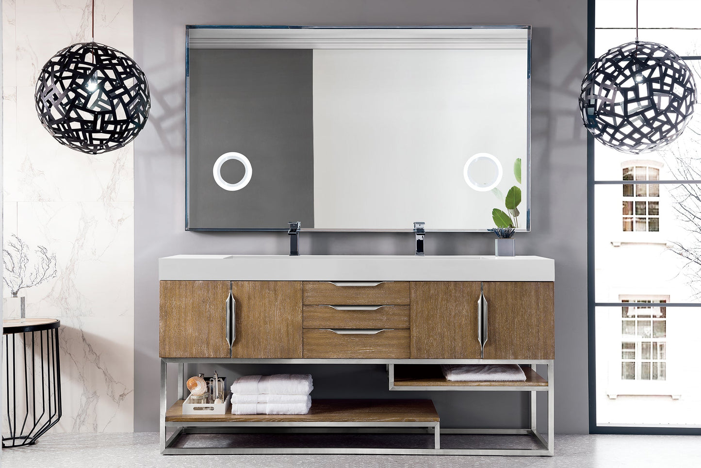 Columbia 72" Double Vanity, Latte Oak w/ Glossy White Composite Stone Top