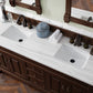 Brookfield 72" Double Vanity, Burnished Mahogany w/ 3 CM Arctic Fall Solid Surface Top