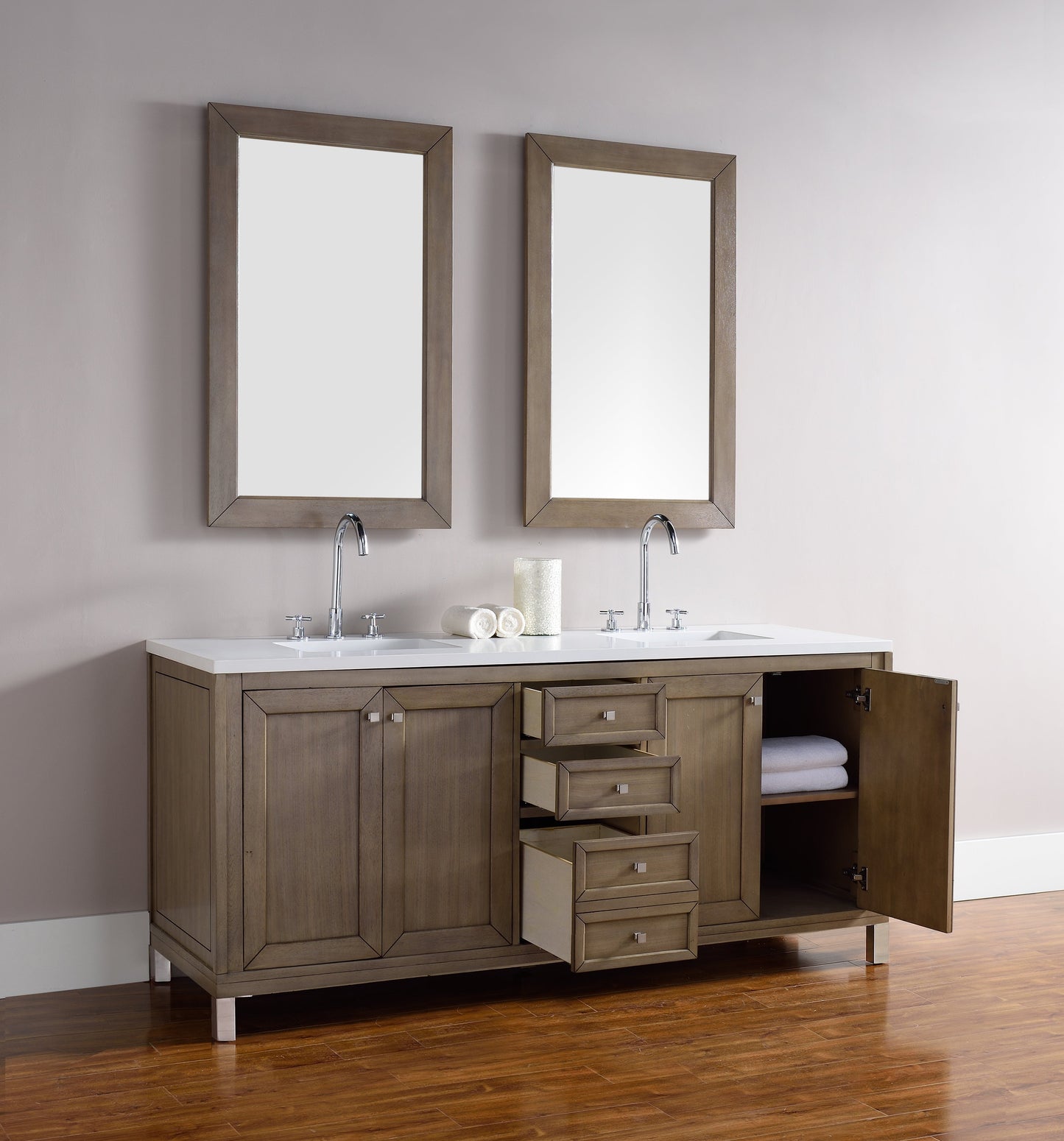 Chicago 72" Double Vanity, Whitewashed Walnut w/ 3 CM White Zeus Quartz Top