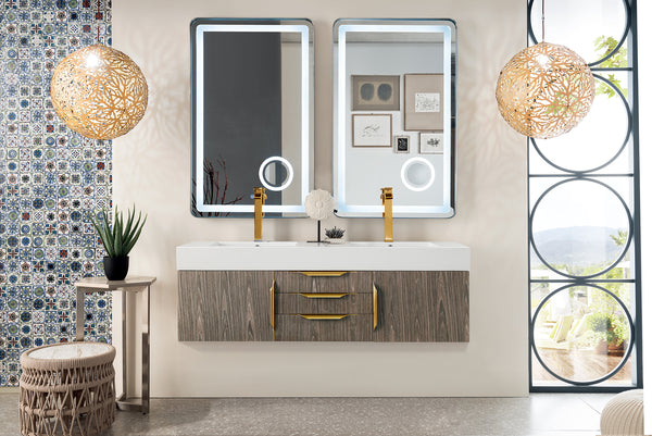 Mercer Island 59 Double Vanity, Ash Gray, Radiant Gold w/ Glossy White Composite Stone Top
