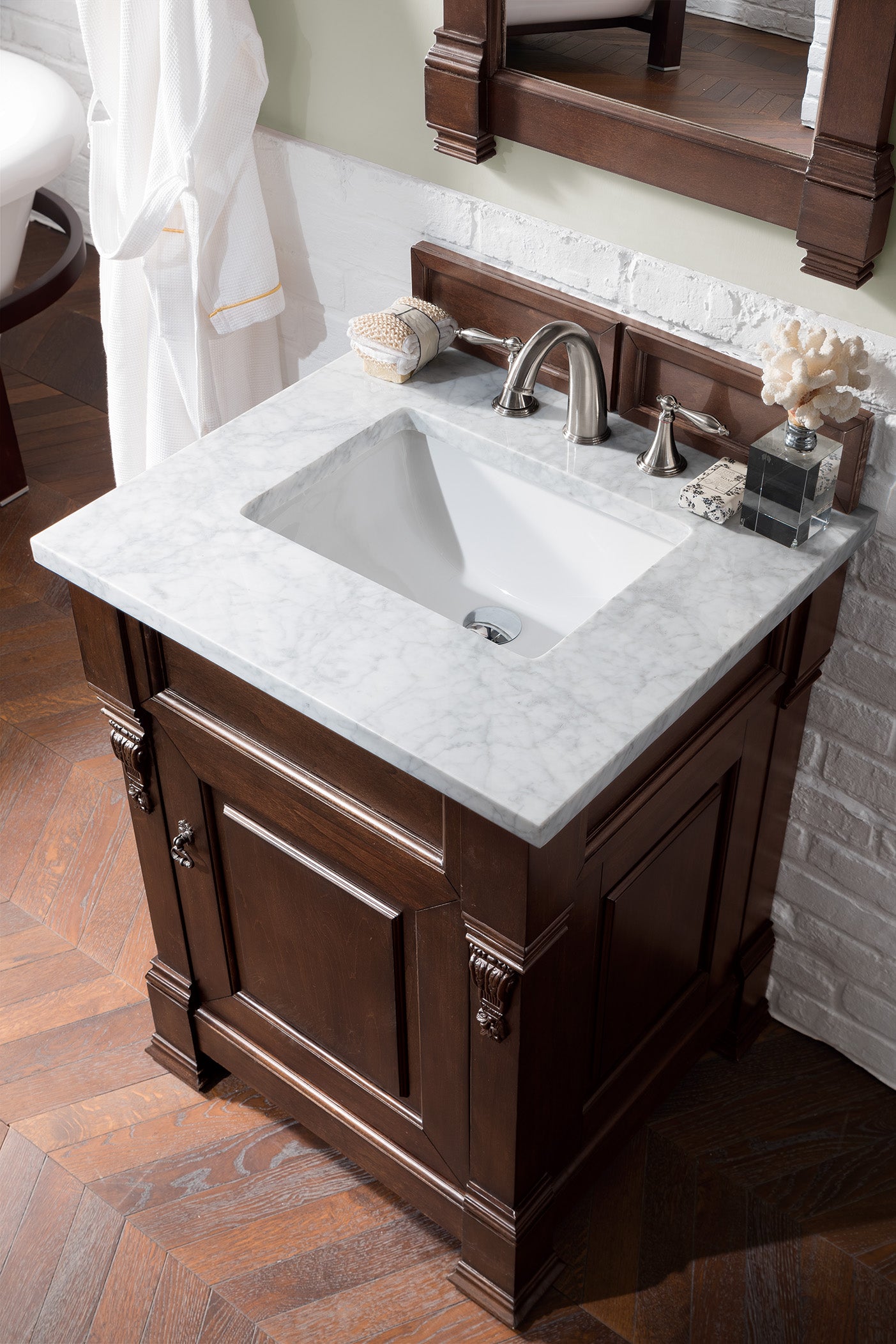 Brookfield 26" Single Vanity, Burnished Mahogany w/ 3 CM Carrara Marble Top