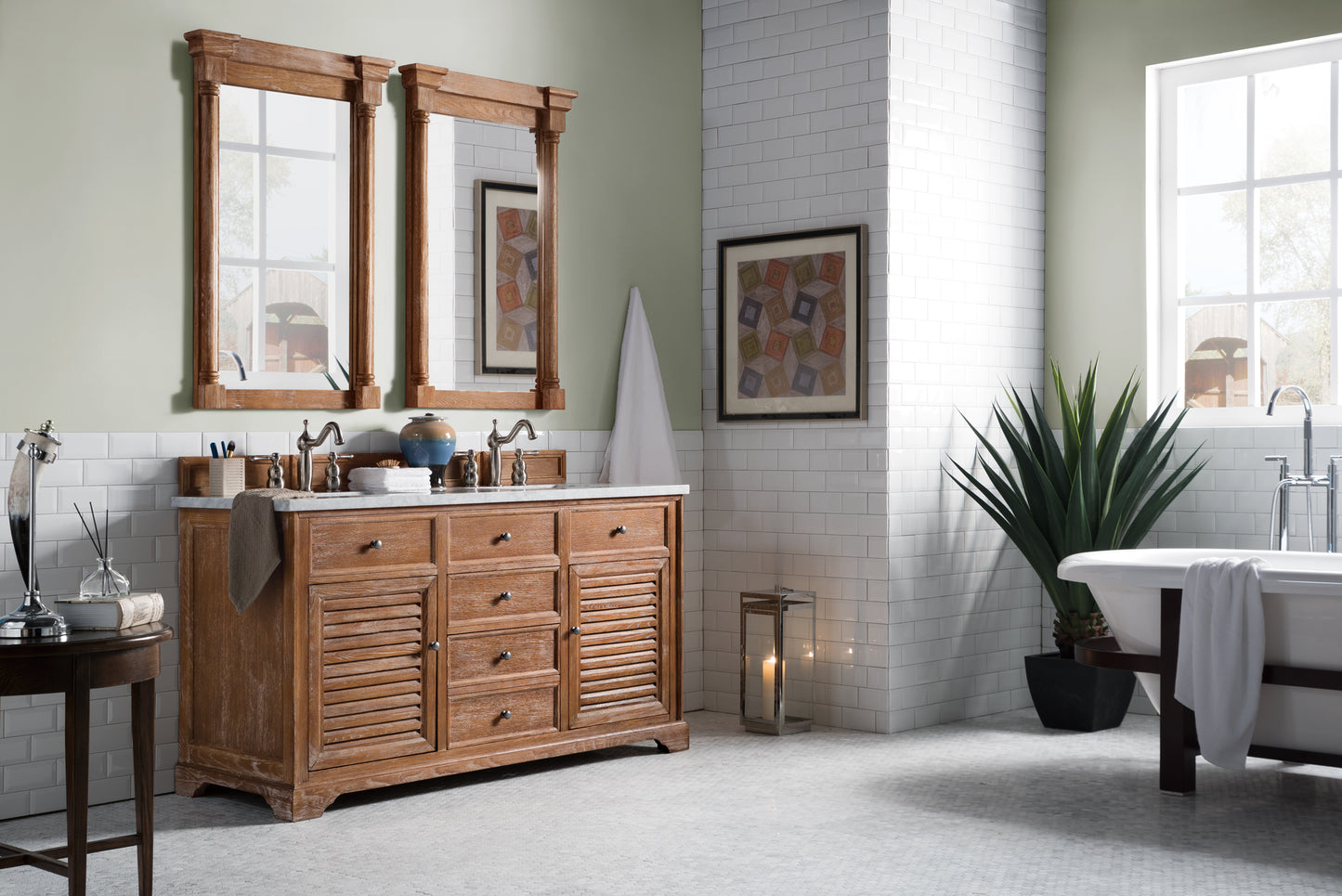 Savannah 60" Double Vanity, Driftwood w/ 3 CM Carrara Marble Top