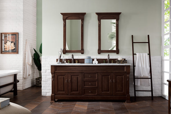 Brookfield 72 Double Vanity, Burnished Mahogany w/ 3 CM Carrara Marble Top