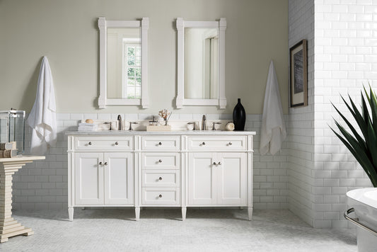 Brittany 72" Double Vanity, Bright White Vanity w/ 3 CM Arctic Fall Solid Surface Top